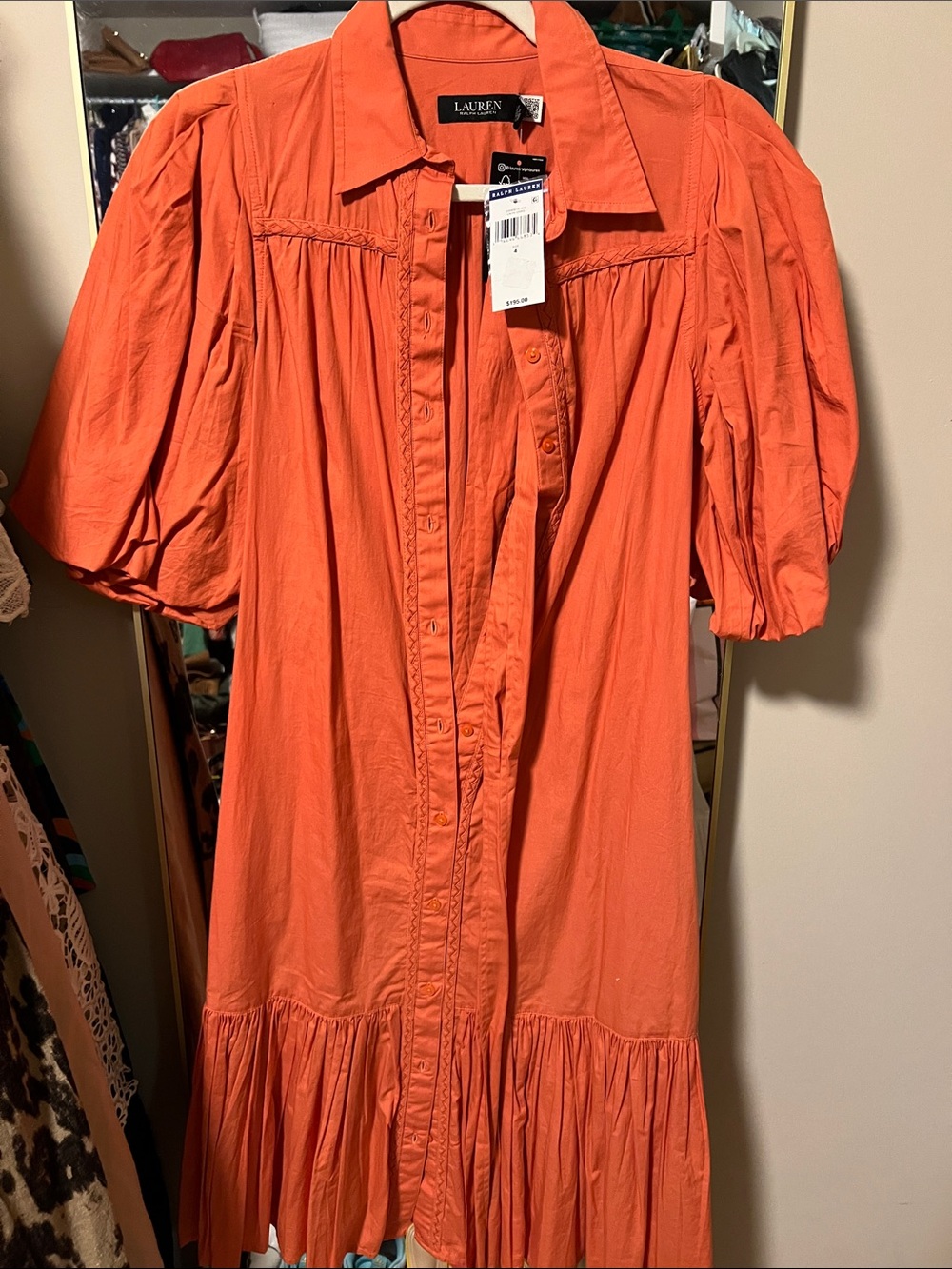 Lauren Ralph Lauren Orange Button-Front Tiered Midi Dress